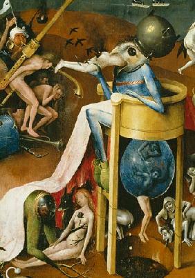 The Garden of Earthly Delights: Hell, right wing of triptych, detail of blue bird-man on a stool c.1500