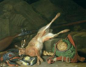 Still Life of a Hare with Hunting Equipment (oil on canvas) (for pair see 93439) 1911
