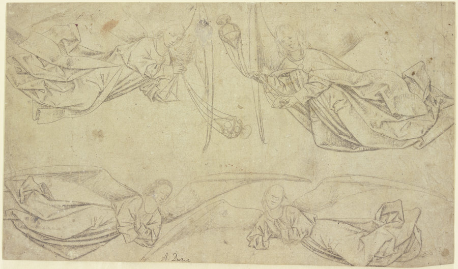 Vier schwebende Engel, die beiden oberen inzensierend Weihrauchfässer schwenkend von Hubert van Eyck