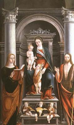 Madonna and Child receiving a rose from the Infant St. John the Baptist, with saints and angels by M 19th