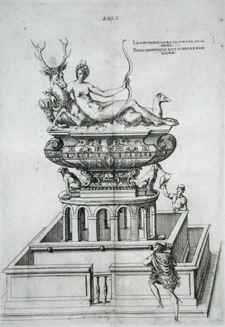 Fountain design, from 'Les Plus Belles Bastiments de France von J. Androuet Ducerceau