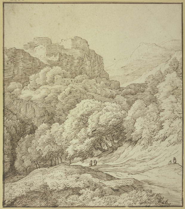 Links auf hohen Felsen ein Schloß, unten ein Weg unter Baumgruppen weggehend mit zwei Figuren von Jacob Isaacsz. van Swanenburg