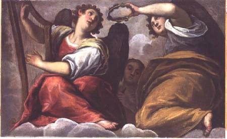 Musical Angels with a Cymbal and a Harp von Jacopo Palma il Giovane