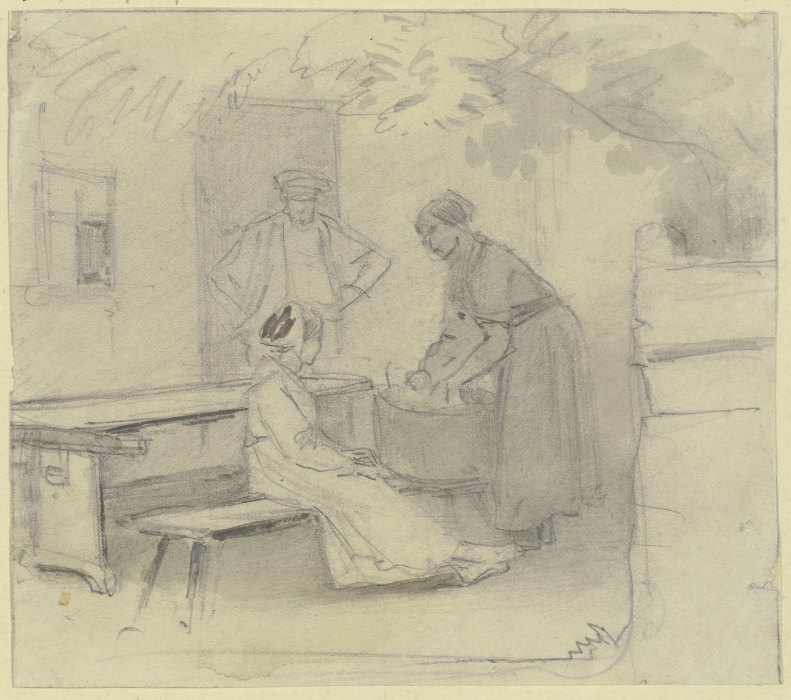 Vor einer Haustür stehen ein Tisch und eine Bank, eine Frau wäscht in einem Zuber, ein Mädchen sitzt von Jakob Furchtegott Dielmann