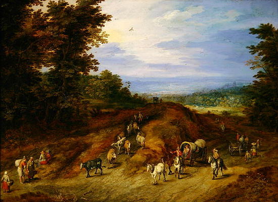 Landscape with peasants, carts and animals (oil on copper) von Jan Brueghel d. Ä.