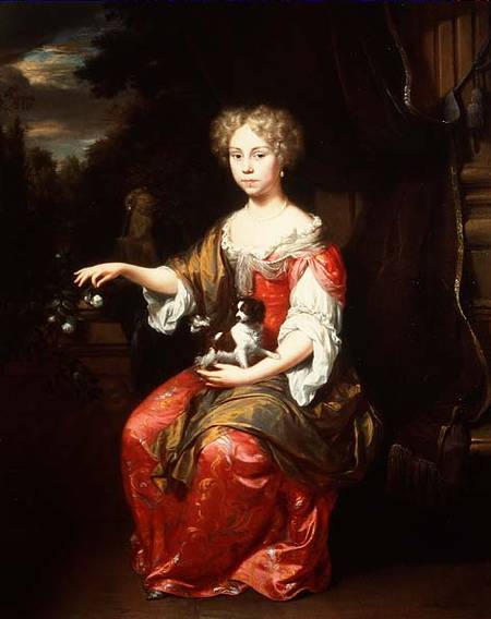 Portrait of a Lady holding her pet King Charles Spaniel von Jan Verkolje