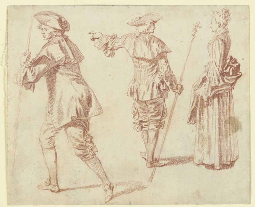 Zwei Pilger und eine stehende Frau von Jean-Antoine Watteau