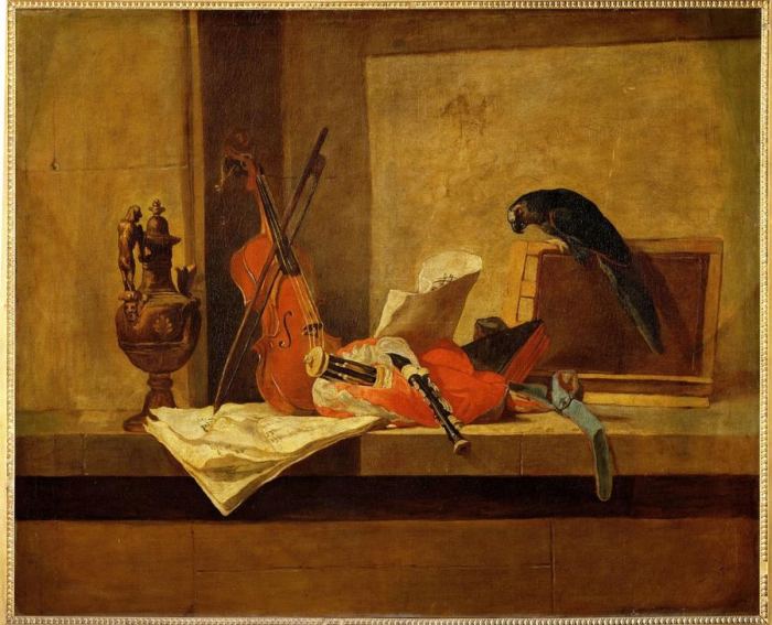 Instruments de musique et perroquet von Jean-Baptiste Siméon Chardin