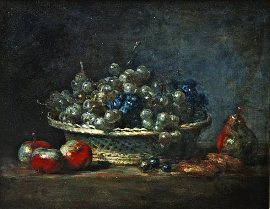 Still life: grape basket with three apples, a pears and two marzipans von Jean-Baptiste Siméon Chardin