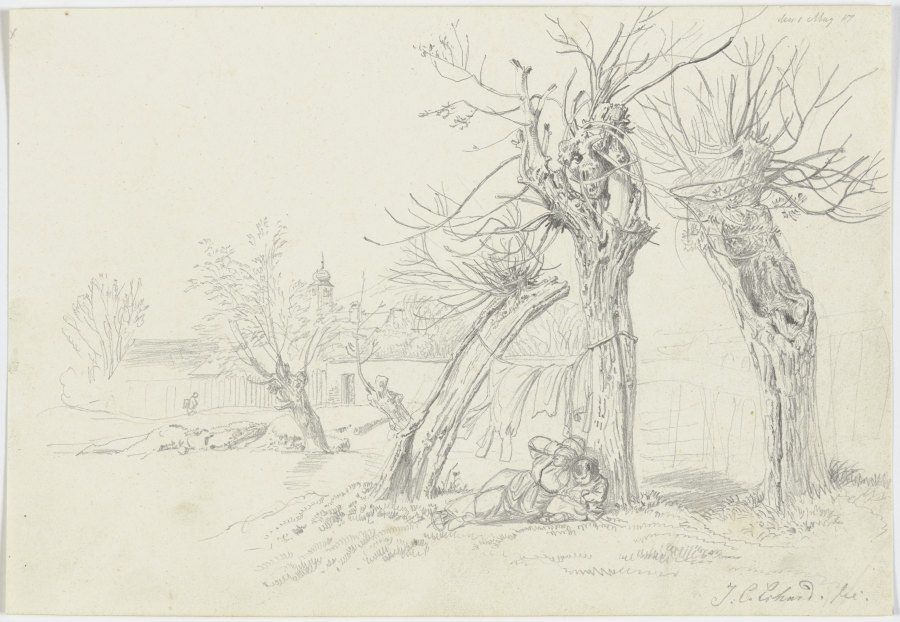 Unter Weidenbäumen wird Wäsche getrocknet, darunter liegt eine Frau mit Kinde, hinten ein Dorf von Johann Christoph Erhard