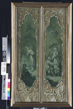 Chinoiserie: Musikantin mit Triangel und sitzender Knabe + Spazierende Dame mit Schirm und Diener Um 1759/63