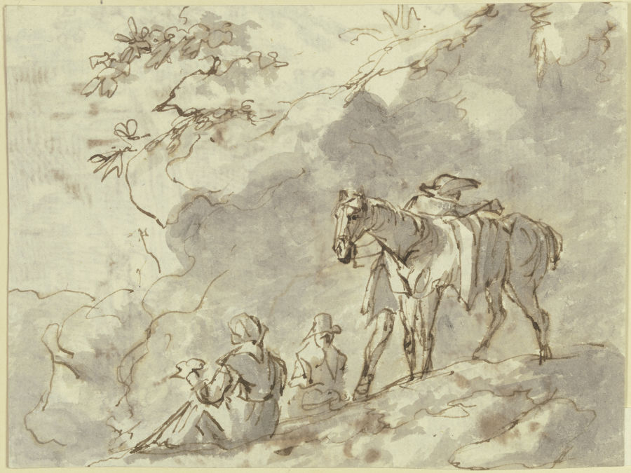 Felshang, davor ein Pferd, dem ein Reiter aufsitzen will, am Boden zwei sitzende Figuren von Johann Andreas Herrlein
