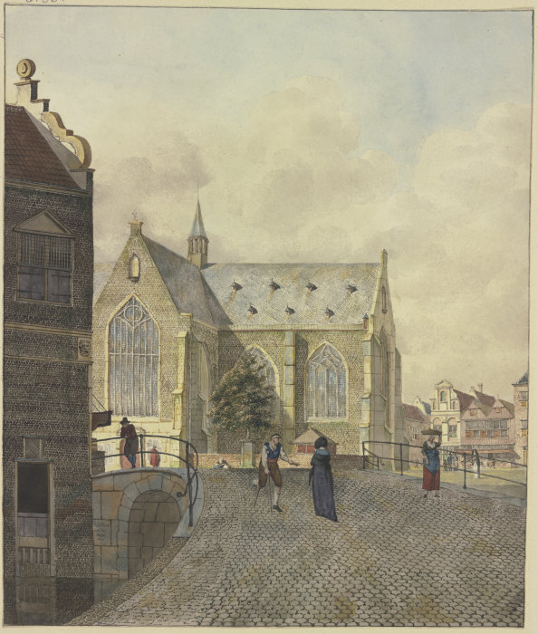 Kirche bei einer Brücke, ein lahmer Bettler bei einer Dame von Johannes Huibert Prins
