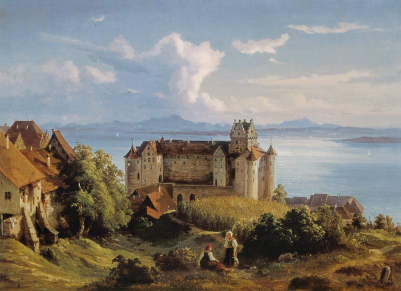 Blick über das Schloss Meersburg auf den Bodensee und die schweizer Berge von Josef Moosbrugger