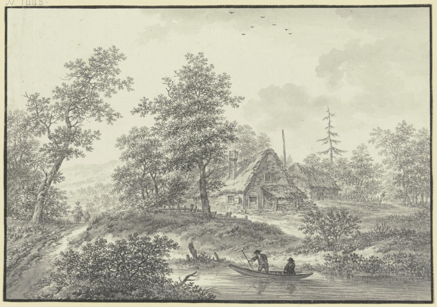 Eichenwald mit zwei Strohhütten, im Vordergrund ein Bach mit zwei Bauern in einem Boot von Karl Franz Kraul