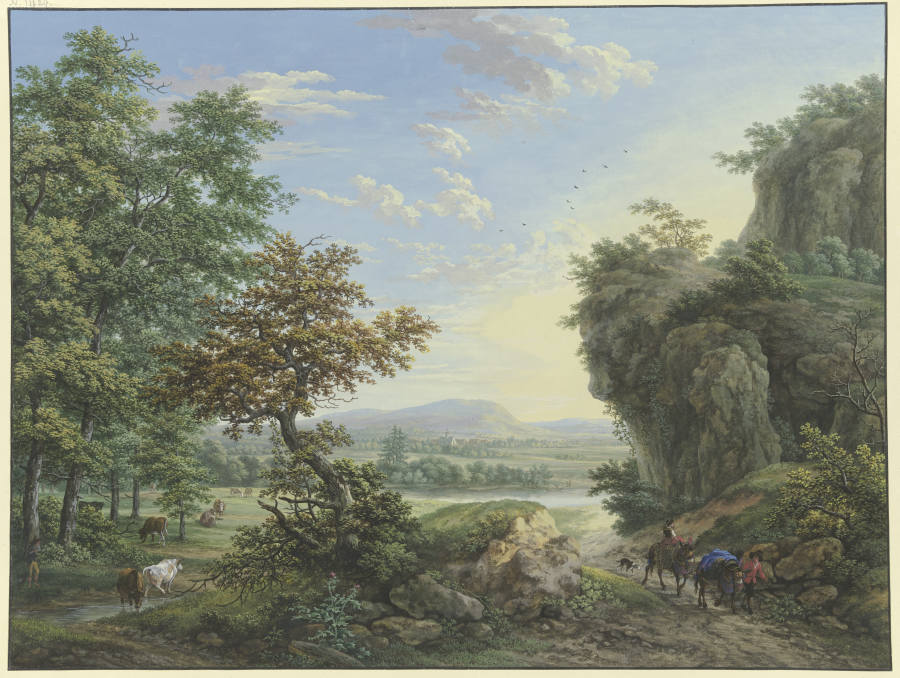 Wiesengrund an Fluß und Wald, rechts hohe Felsen von Karl Franz Kraul