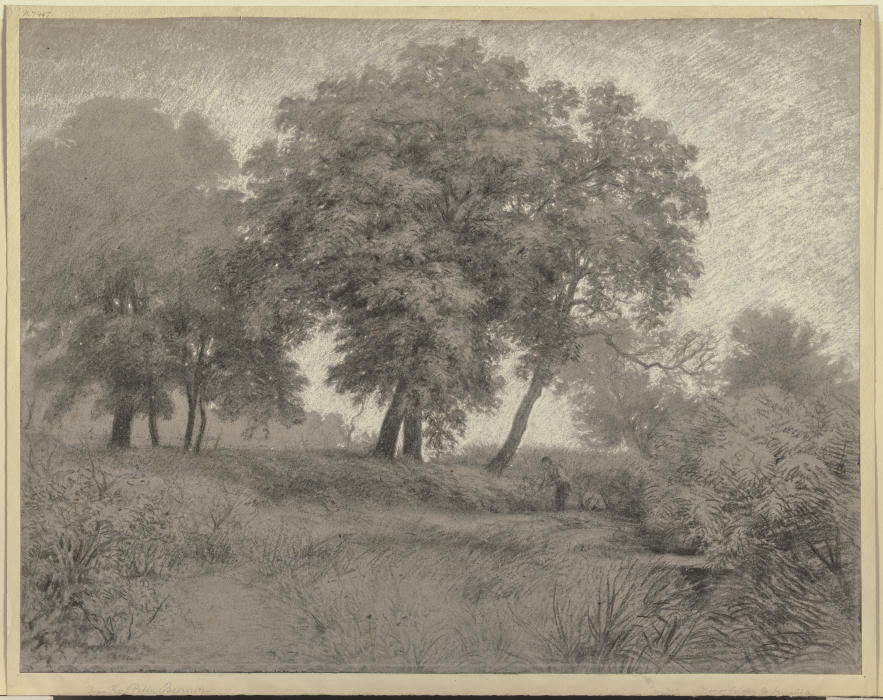 Mann auf einer bei der Gerbermühle gelegenen Wiese unter hohen Bäumen mähend von Karl Peter Burnitz
