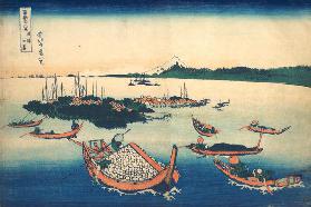 Die Insel Tsukuda in der Provinz Musashi (aus der Bildserie 36 Ansichten des Berges Fuji).  1830-33