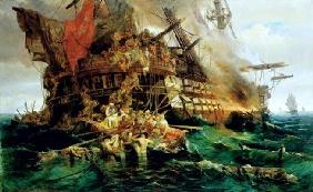 A Turkish Warship on Fire, 1868 (oil on canvas) 19th