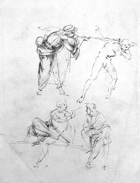 Study of a man blowing a trumpet in another''s ear, and two figures in conversation, c.1480-82 (pen  C15th