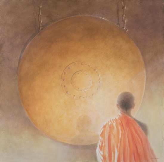 Young Buddhist Monk and Gong, Bhutan von Lincoln  Seligman