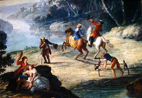 A Hunt with Falcons, Detail of a Rider and a Falconer (oil on canvas) 15th