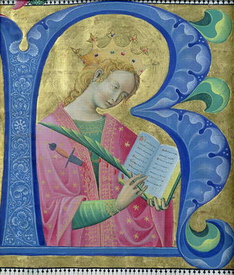 Illuminated initial 'R' depicting St. Catherine of Alexandria, Lombardy School (vellum) von Luchino Belbello