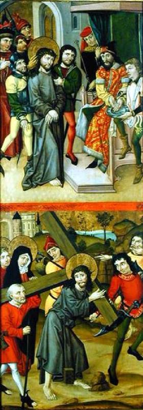 Christ Before Pilate and Christ Carrying the Cross, panel from and altarpiece depicting scenes of th 1490