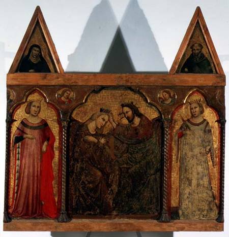 Triptych: Coronation of the Virgin flanked by two saints von Master of the Urbino Coronation