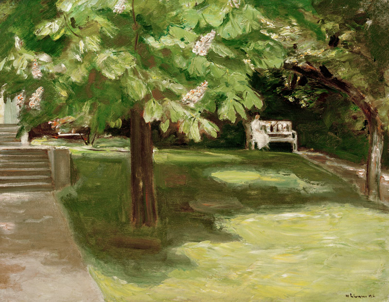 Gartenbank unter dem Kastanienbaum - Blühende Kastanien von Max Liebermann