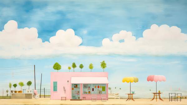 Bunte Aquarelle mit einem Cafe Haus am Strand mit Sonnenschirmen und Wolken. Digital AI von Miro May