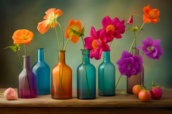 Bunte Blumen in bunten Flaschen, Gemälde, AI, modern, Stillleben, digital III von Miro May