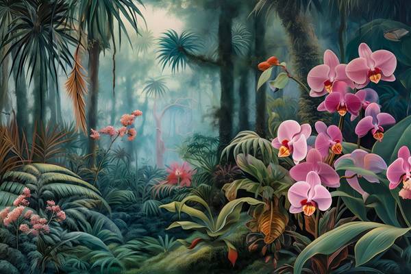 Pinke Orchideen, Tropischer Regenwald, Blumen im Regenwald, Jungle, Traumhafte Natur von Miro May