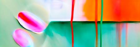 Abstraktes Gemälde einer orangefarbenen, rosafarbenen und grünen Tulpe 2024