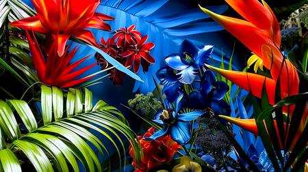 Dschungelszene mit prächtig leuchtenden Pflanzen und Blumen in kräftigen Rottönen, tiefen Blautönen  2024