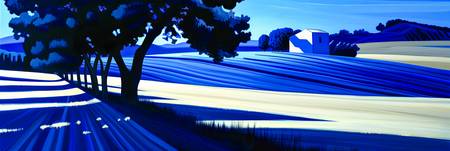 Eine abstrakte Darstellung in kühnen Blau- und Weißtönen. In dieser Landschaftskomposition verschmel 2024