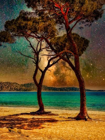 Pinien Bäume am Strand und Sternenhimmel in Griechenland 2021