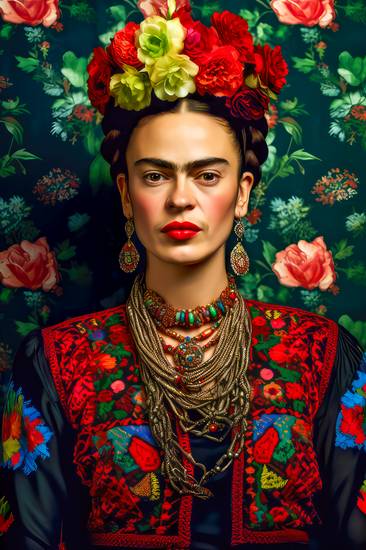 Porträt von Frida Kahlo in einem bunten Kleid  2023
