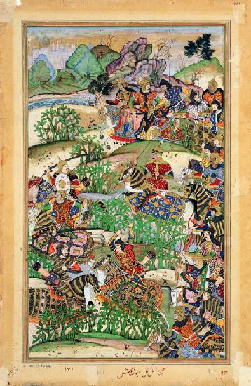 Emperor Akbar (r.1556-1605) at the battle of Samal in 1572, from the 'Akbarnama' made by Abu'l Fazi 1590-98