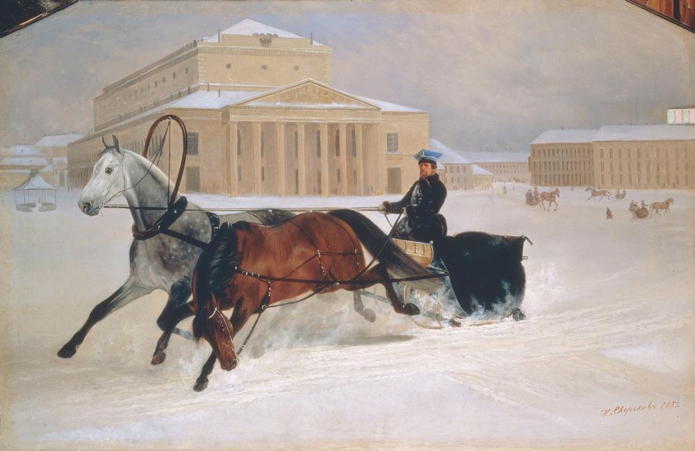Pferdeschlitten vor dem Bolschoi– Theater in Moskau von Nikolai Jegorjewitsch Swertschkow