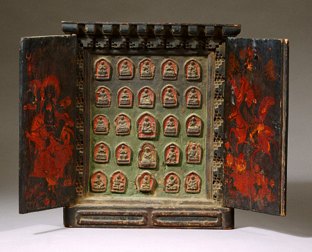 A Tibetan Wooden Altar, With Both Doors Painted With Shri Devi On Her Mule And Another Horse Riding von 