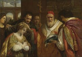 Die heilige Flavia Domitilla erhält den Schleier vom Papst Clemens I.