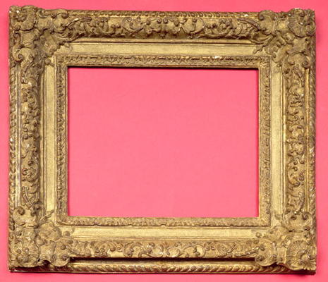 French Regence carved and gilded frame with foliate scrolls running to cartouche corners with shell von 
