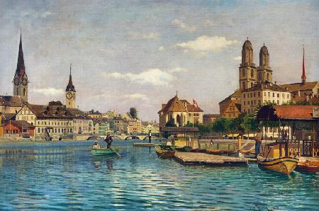 Zürich mit dem Limmat mit Blick auf die Fraumünsterkirche, St.Peter, das Helmhaus und Großmünster 1896