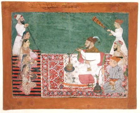 Rajah Deep Chand and friends smoking a hookah, Bijapur von Pahari School