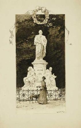 Elegante Dame vor einem Goethe-Denkmal 1888