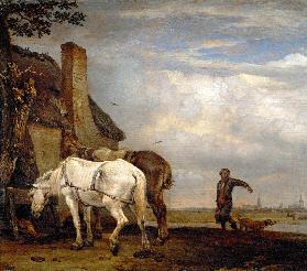 Zwei Pferde vor einer Bauernhütte. 1649
