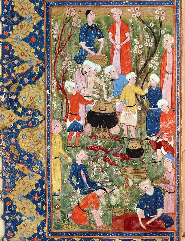 Preparing a meal, illustration from an epic poem Hafiz Shirazi, Safavid von Persian School