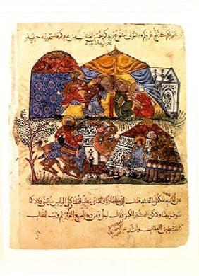 An old man and a young man in front of the tents of the rich pilgrims, from 'The Maqamat' (The Meeti c.1240