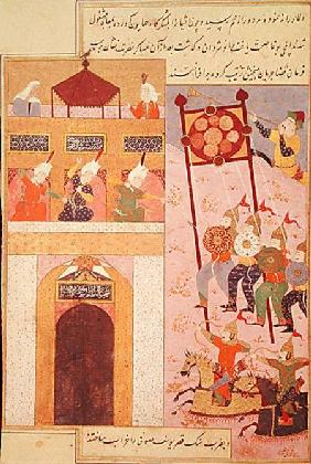 Tamerlane (1336-1405) Besieging Urganj, from the Zafarnama of Shaval ad-Din, copied by Murshid al At 1523